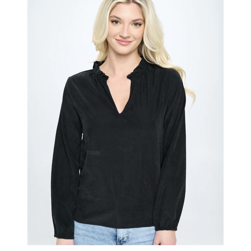 CUPRO RUFFLE NECK TOP | BLACK